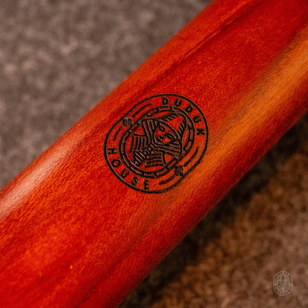Duduk in A by Dudukhouse – close-up of the sound holes and maker's stamp on the apricot wood body